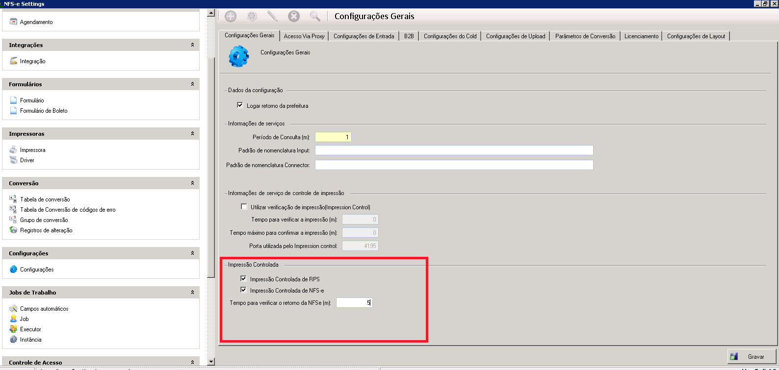 Configurações gerais impressão controlada