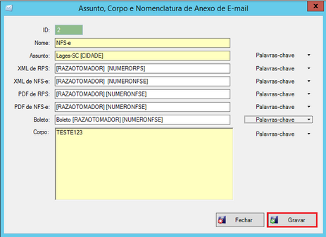Tela Assunto, corpo e Nomenclatura de Anexo de e-mail