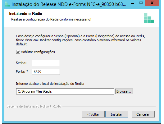 Instalador - tela configuração redis